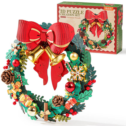 Rolife 3D Wooden Puzzle Christmas Wreath Model Building Kit with LED Light Red Bow Golden Bell for Holiday Door Christmas Decor