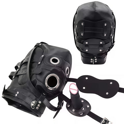 PU Leather BDSM Bondage Hood Sensory Deprivation Mask With Blindfold Removable Dildo Gag Lockable Head Harness Sex Toys  Couples