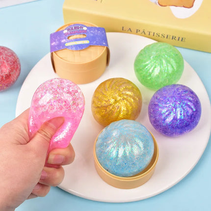 Color Glitter Dumpling Squishes Stress Balls Fidget Sensory Toys Simulation Food Squishies Bun with Steamer Squeeze Dough Gifts