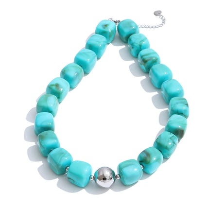 Yhpup Acrylic Square Beads Chain Necklace Bracelet Bangle Stainless Steel Handmade Jewelry Waterproof Green Khaki Pink Amber