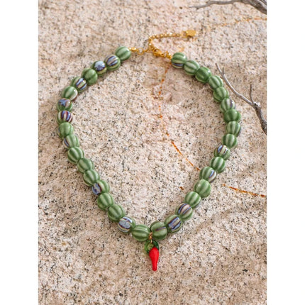 Vacation Fashion Green Ceramic Beads Chain Chilli Drop Handmade Necklace Stylish Unique Tarnish Resistant Trending Jewelry