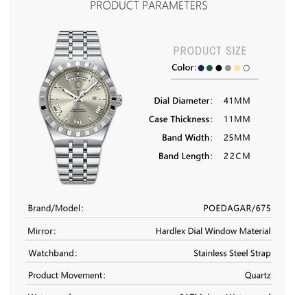 POEDAGAR Luxury Fashion Man Wristwatch Week Date Waterproof Luminous Men's Clock Stainless Steel Quartz Business Watches For Men