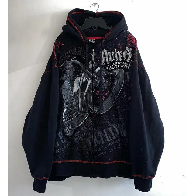 Mens Black Zip Up Hoodie Retro Movie Player Graphic Streetwear Casual Pullover Loose Fit Sweatshirt Mens Fashion Hip Hop Style