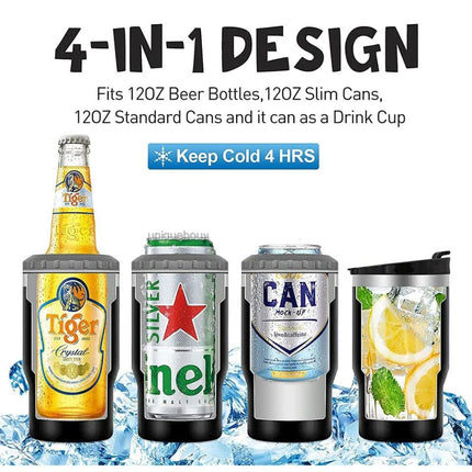 4 in 1 Travel Mug and Can Cooler Insulated for 12 oz Cans and Beer Bottle. Universal Cool Summer Ice Bottle Cup With 2 Lids