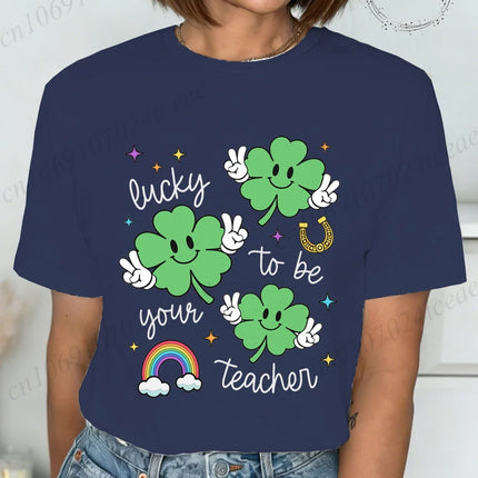 St Patrick's Day Teacher Shirt, Lucky Teacher Women's T-Shirts，Retro T-Shirts，unisex Tops Tees,short Sleeve Women's Clothing