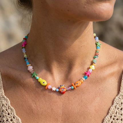 Beach Style Colorful Ceramic Fish Starfish Choker Necklace For Women Ocean Series Scallops Beaded Necklaces Vacation Jewelry