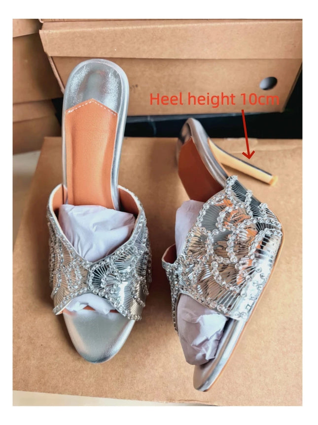 2026 French Sequin High-heeled Fashion Runway Show Single Strap, European and American Women's Sexy One-piece Buckle Sandals