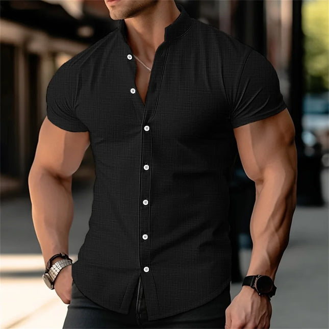 Men's Stand Up Collar Printed Shirt Solid Color Short Sleeved Button Linen Shirt Hawaii Vacation Beach Breathable Shirt