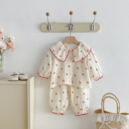 Little Cherry, a full-print long-sleeved set with a large lapel, sweet and casual long pants