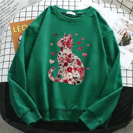 Love Cat Gothic Womens Solid Hoodies Basic Warm Fleece Sweatshirt Soft Breathable O-Neck Pullover Casual Female Clothes
