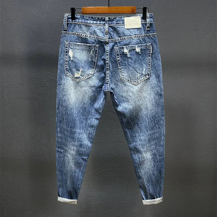 Nine-point jeans with holes for men's thin fashion brand slim feet in summer and summer Korean  style spring and autumn pants