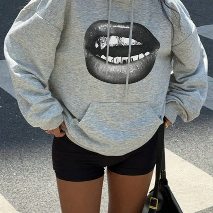 Creative and Cool Lip Print Pattern Printed Women's Hoodie 2025 New Autumn and Winter Minimalist Style Top Clothing