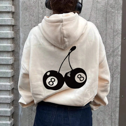 Black Cherry Women Hoodie Lucky Number 8 Hooded Cartoons fur-liner Woman Hoodies S-XXL Pullover Clothing