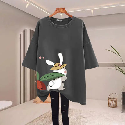 Women Clothing Fashion Rabbit Cartoon Print T-shirts Summer Pure Cotton O-neck Short Sleeve Basic Top Tee Casual Loose Pullovers