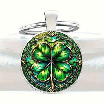 Elegant Four Leaf Clover Stained Glass Design Keychain, Round Lucky Symbol Art Printed Key Holder, St. Patrick Day & Good Luck Gift