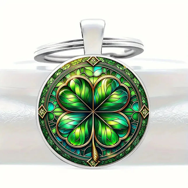 Elegant Four Leaf Clover Stained Glass Design Keychain, Round Lucky Symbol Art Printed Key Holder, St. Patrick Day & Good Luck Gift