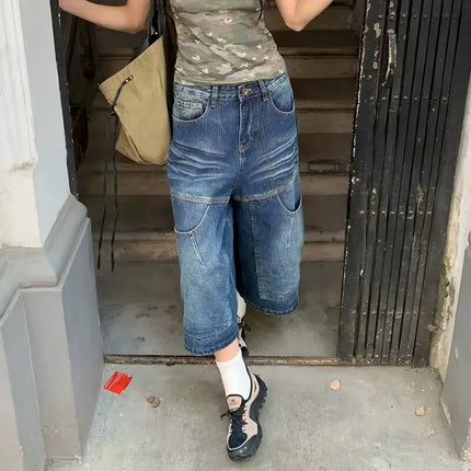 2026 Summer Thin Large Size Men's Women's Design Sense Wide Leg Denim Medium Pants Pear Shape Baggy High Waist Cropped Pants