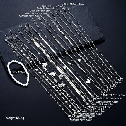 19Pcs/Set New Design Silver Color Anklet Sets for Women Fashion Pearl Butterfly Heart Crystal Foot Chain Versatile Daily Jewelry