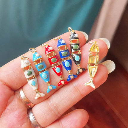 Enamel Fish Bone Squid Marine Sea Dalphin Charm Pendant,18K Real Gold Silver Plated Zircon Jewelry Finding Supplies S87 S75
