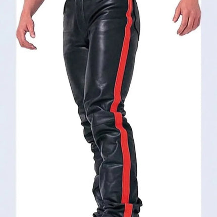 New Men's Black PU Leather Side Color-blocking Punk Style Street Casual Pants Motorcycle Leather Trousers Four Season Pants Male