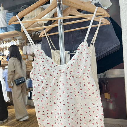 Floral Print Bow V Neck Camis Women Chic Lace Trim Sleeveless Slim Crop Tops Vest Sweet Casual Fashion Raw Hem Tank Top Y2k New