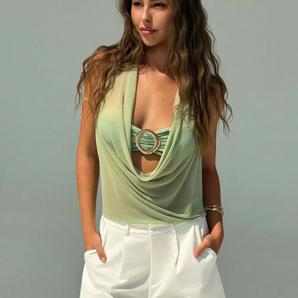 Women's Summer Vacation Sexy Semi-transparent Drop-Neck Metallic Decorated Backless Vest, Off-Shoulder Top