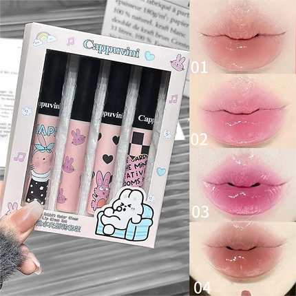 Four Color Happy Rabbit Water Gloss Lip Glaze Set Light and Smooth Texture Moisturizing Easy to Color Lip Gloss Lipstick