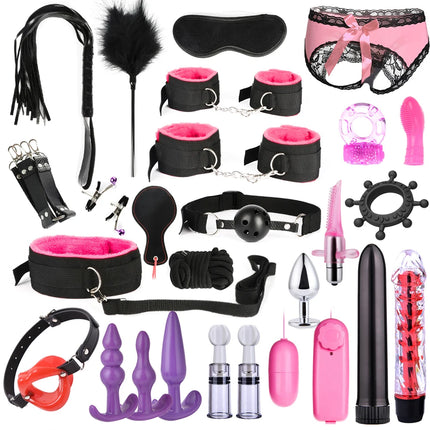 BDSM SexLove Set Kits Adults Sex Toys for Women Men Handcuffs Nipple Clamps Whip Spanking Sex Metal Anal Plug Vibrator Butt