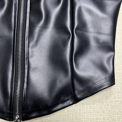 Sexy black zipper leather crop top women clothing summer body PU tank tops woman vintage gothic clothes streetwear top outfit