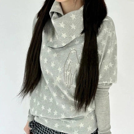 Harajuku Grunge Star Print Hoodie Women Casual Loose Angel Embroidery Hoody Y2k Aesthetic Batwing Sleeve Streetwear Sweatshirt