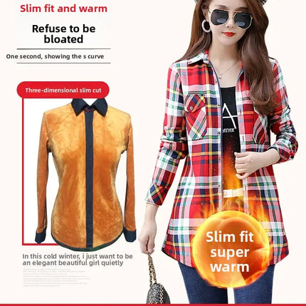 Thickened Fleece Women's Long Sleeve Shirt Warm Slim Fit Midi Length Plaid Korean Style Fashionable Women's Button-up Top