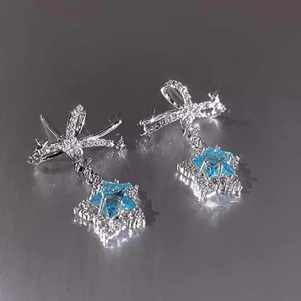 Kpop Y2K Blue Crystal Star Pendant Earrings for Women Exquisite Elegant Zircon Bowknot Pentagram Earrings Jewelry Birthday Gifts