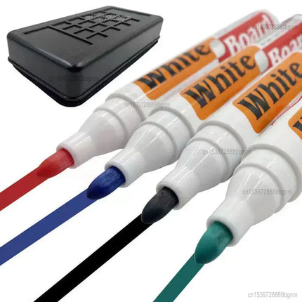 4Pcs Color Erasable Whiteboard Marker Pen With White Board Eraser Wiper Set Office School Writing Painting Stationery Blue Black