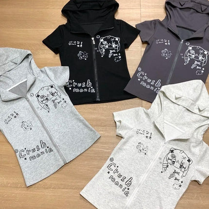 2026 Zebra Print Zip Up Hoodie Women's Clothing Hooded Short Sleeve Sweatshirts Y2k Tops Punk Causal Tees Fashion Summer Hoodies
