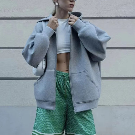 HH Autumn Women Casual Hooded Jacket Loose Oversize Zipper Hoodie Sweatshirts Solid Coat Office Lady Chic Outwear Tops