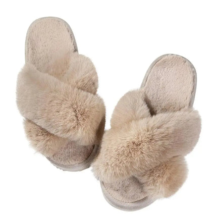 Evshine Women Fuzzy Slippers Fashion Cross Band Memory Foam House Slippers Indoor Outdoor Open Toe Plush Slides Casual Flat Shoe