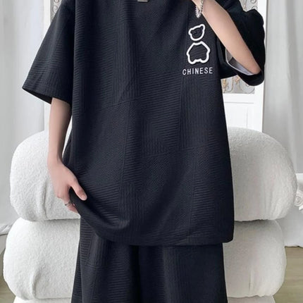 Casual Sportswear Set for Men Summer Short Sleeve Five-Quarter Pants Polyester Fiber Big Size Two-Piece Suit T-Shirt Shorts