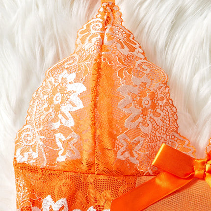 Summer Orange Lace Mesh Contrasting Dress Underwear With Thongs Night Costumes
