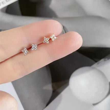 Classic Trendy Little Lucky Zircon Four Leaf Flower Stud Earrings for Women High Quality Stainless Steel Piercing Jewelry Gift