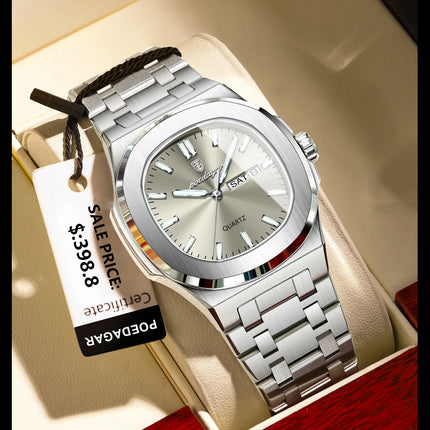 POEDAGAR Luxury Military Man Watch Square Waterproof Luminous Date Week Men Watch Stainless Steel Quartz Men's Watches Reloj+box