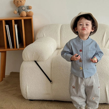 2026 Fall New Toddler Kids Pants Cotton Cartoon Embroidered Harem Pants Baby Boy Casual Striped Denim Baggy Trousers