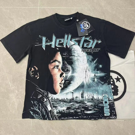Retro Washed Loose Ex-Ort Sweet T-shirt Hell Star Skull Letter Print High Street Short Sleeve Summer Top for Men and Women