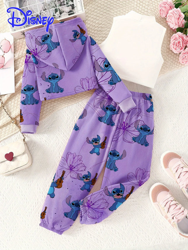 Official Disney Stitch Girls Autumn 3Pc Hoodie Vest Pants Set. Soft, breathable, trendy sporty campus style. Perfect gift!
