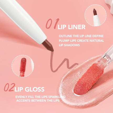 Double Head Mirror Lip Glaze 2 in 1 Lipliner Pen Water Light Lip Gloss Makeup Set Matte Velvet Lip Liner Pencil Contour Cosmetic