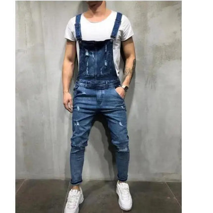 Men Jeans Overalls High Street Ripped Denim Jumpsuits Hip Hop One Piece Cargo Pants Cowboy Male Pockets Hole Suspenders 2024