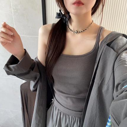 Women's Vest with Built-in Bra Pad Elastic Ribbed Square Collar Csole Tank Top ort Length  Color Versatile Summer F...