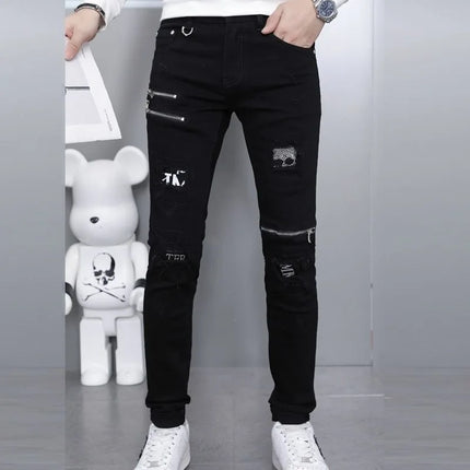 2024 Spring and Autumn Fashion Trend Black Straight Leg Ripped Jeans Men's Casual Comfort Breathable High-Quality Denim Pants