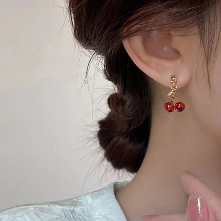 Sweet Red Cherry Pendant Necklace Dangle Stud Earrings Jewelry Set Shiny Gold Chain Zircon Women Trendy Jewelry