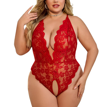 Sexy Red Crotchless Lingerie Women Lace Hollow Bra Set Transparent Erotic Costumes Deep V Open Bra Woman Plus Size Underwear Set