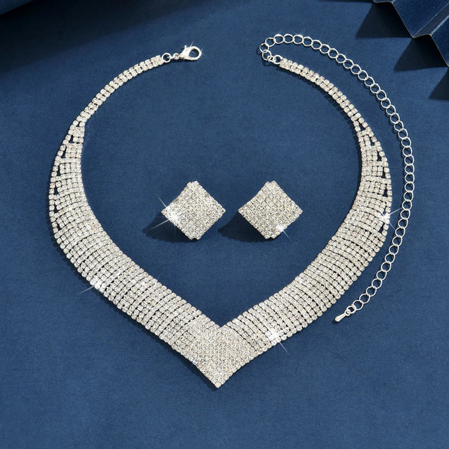 3PC Women's Fashion Geometric Diamond Necklace Earrings Jewelry Set Suitable for Wedding, Party, Festival Gifts-8540